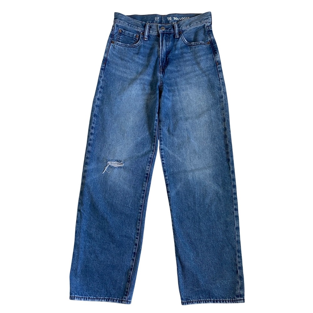 Gap Teen 90s Loose Fit Distressed Blue Jeans Size 16 Medium Destroy 824650-00